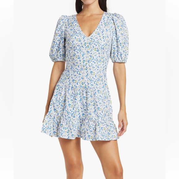 French Connection Birch Puff Sleeve Poplin Dress in Blue Floral - Picture 1 of 3